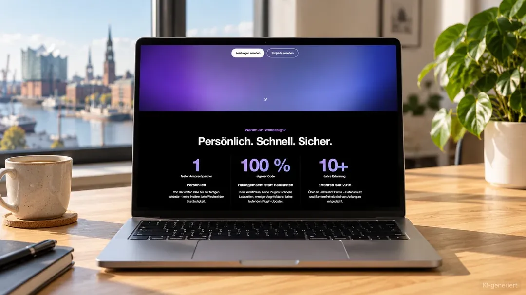 Laptop auf einem Schreibtisch mit Blick auf den Hamburger Hafen und die Elbphilharmonie, auf dem Bildschirm die Website von AH Webdesign (KI-generiertes Bild)